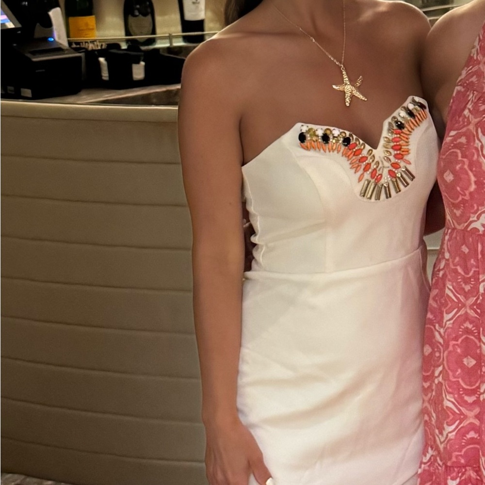 White Strapless Dress with Embellished Detail